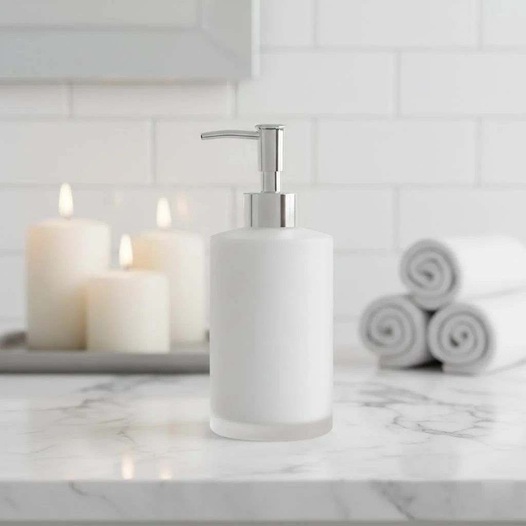 Modern automatic hand soap dispenser in a sleek bathroom